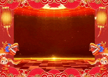 two dragons are dancing on a stage with lanterns and fans in the background .