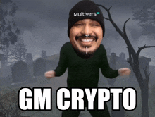 a man with a beanie that says multivers on it is dancing in front of a cemetery