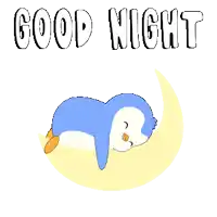 a penguin sleeping on a crescent moon with the words good night