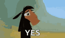 a cartoon horse with its mouth open and the word yes written on it