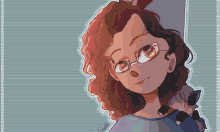 a cartoon drawing of a girl with curly hair wearing glasses