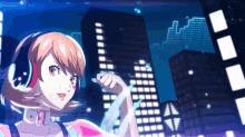 a girl in headphones is standing in front of a city skyline .