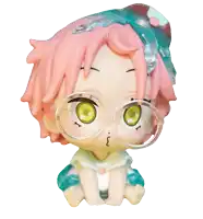a figurine of a girl with pink hair and glasses has a jellyfish on her head