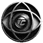 a black and white drawing of an eye in a circle with the letter tc in the center .