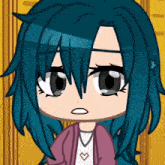 a girl with blue hair is wearing a pink jacket and a heart necklace