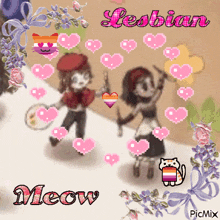 a picture of two girls with the words lesbian meow