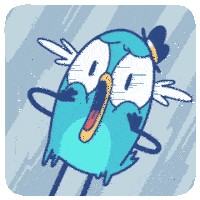a cartoon of a blue bird with a surprised look on his face