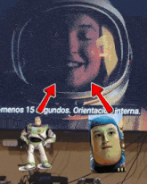 a toy story character is standing in front of a screen that says ' menos 15 segundos orientacio interna '