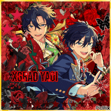 a picture of two anime characters with the words xgrad yaoi in red letters