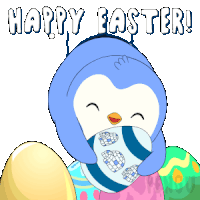a penguin holding an easter egg with the words happy easter written on it