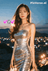 a woman in a silver dress with pixverse.ai written on the bottom right