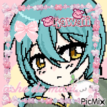 a pixel art drawing of a girl with the word kawaii written above her