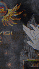 a woman smoking a cigarette in front of a lightning bolt and the word visi