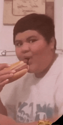 a young boy is eating a hot dog and wearing a shirt that says king