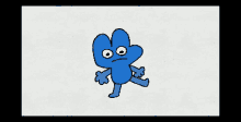 a drawing of a blue cartoon character with a serious face