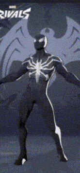 a man in a black and white spiderman costume is standing in front of a rivals logo .