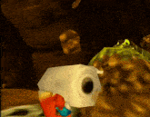 a cartoon character is holding a roll of toilet paper in a cave