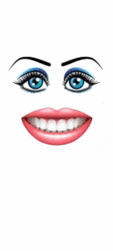a woman 's face with blue eyes , pink lips and white teeth .