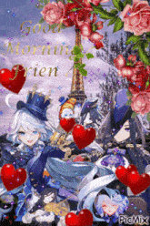a picture of anime characters with hearts and the words good morning friend on it