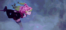 a pink haired anime girl is flying through the air with a sword .