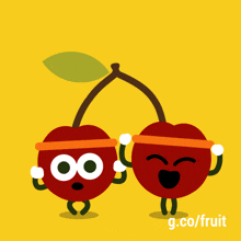 a cartoon illustration of two cherries standing next to each other with g.co/fruit written on the bottom