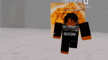 a cartoon character with a black shirt that says goon on it is walking in the snow .