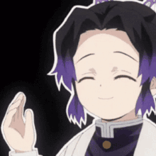 a close up of a person with purple hair smiling