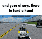 a j.d. stacy race car is on a race track in a video game