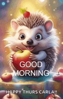 a hedgehog is holding an apple with a cherry on top and says `` good morning '' .