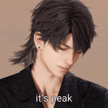 a close up of a man 's face with the words " it 's peak " above him