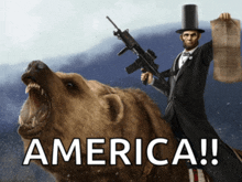 abraham lincoln is riding a bear while holding a newspaper and a gun