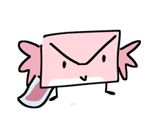 a cartoon drawing of a pink square with wings holding a pink object