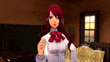 a girl with red hair is standing in front of a couch in a living room