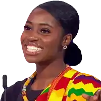 a woman wearing a rainbow colored shirt is smiling