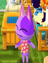 a purple cat in a pink and white dress is standing in a living room