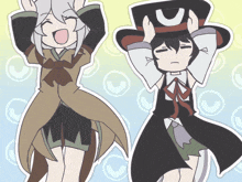 a cartoon drawing of a girl holding a top hat with a u on it