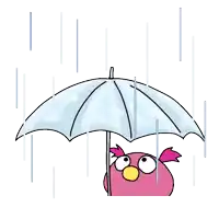 a cartoon of a pink bird holding an umbrella in the rain