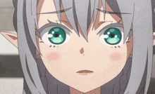 a close up of a girl 's face with green eyes