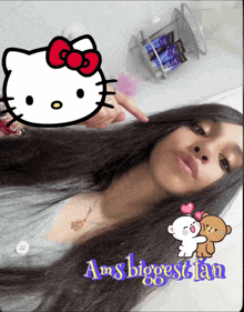 a picture of a girl with hello kitty and the words ams biggest fan on the bottom
