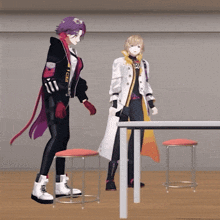 two anime characters standing next to each other with one wearing a jacket that says icm on it