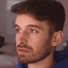 a close up of a man 's face with a beard wearing a blue hoodie