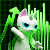 a cartoon cat with blue eyes stands in front of a green graph