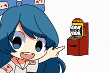 a cartoon girl is standing next to a slot machine that says gambling
