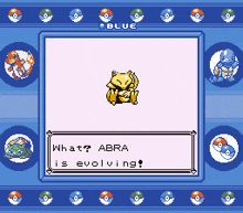 a screenshot of a game that says what abra is evolving on it