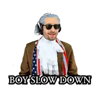 a man in a costume says boy slow down with his hands up