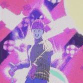 a cartoon character with a smiley face on his face is standing in front of a purple background .