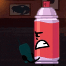 a cartoon spray can with a face and arms is standing next to a cell phone .