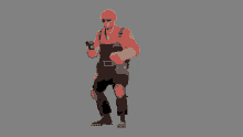 a man wearing a hard hat and overalls holds a gun