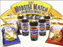 several bottles of diet pepsi are surrounded by doritos