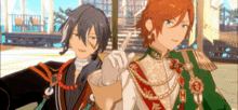 two anime characters are standing next to each other and one is holding a sword